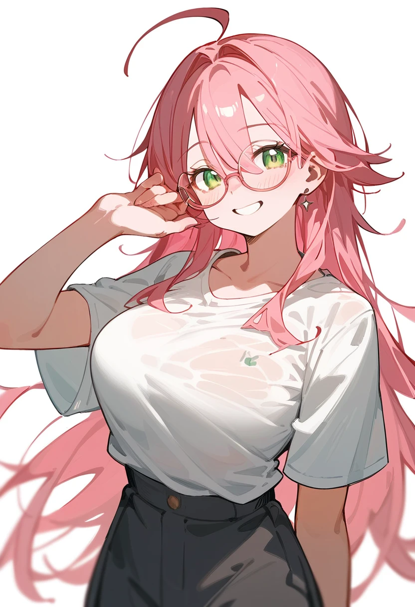 School Swimsuit、One Woman、private teacher、Big Breasts、Pink Hair、Long Hair、Straight Hair、Ahoge、Kind older sister、Pink small glasses、Green Eyes、smile、Droopy eyeature