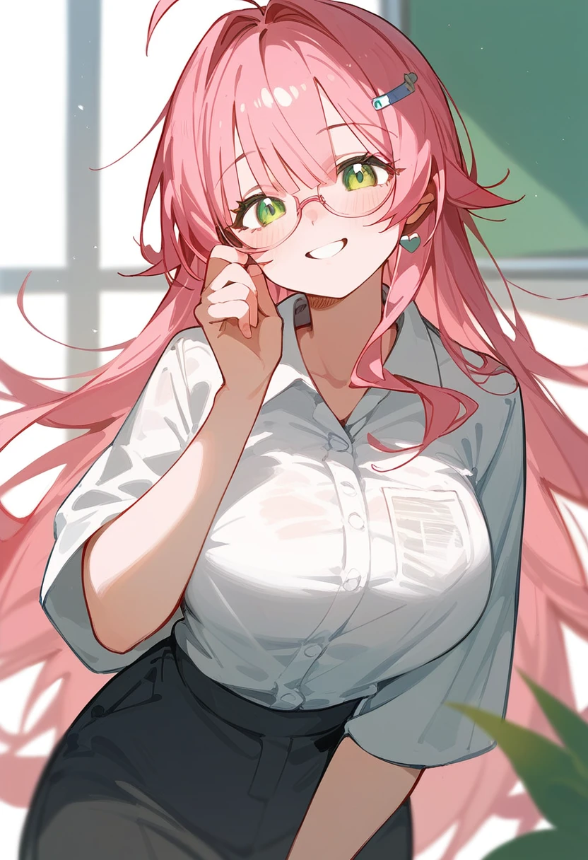 School Swimsuit、One Woman、private teacher、Big Breasts、Pink Hair、Long Hair、Straight Hair、Ahoge、Kind older sister、Pink small glasses、Green Eyes、smile、Droopy eyeature