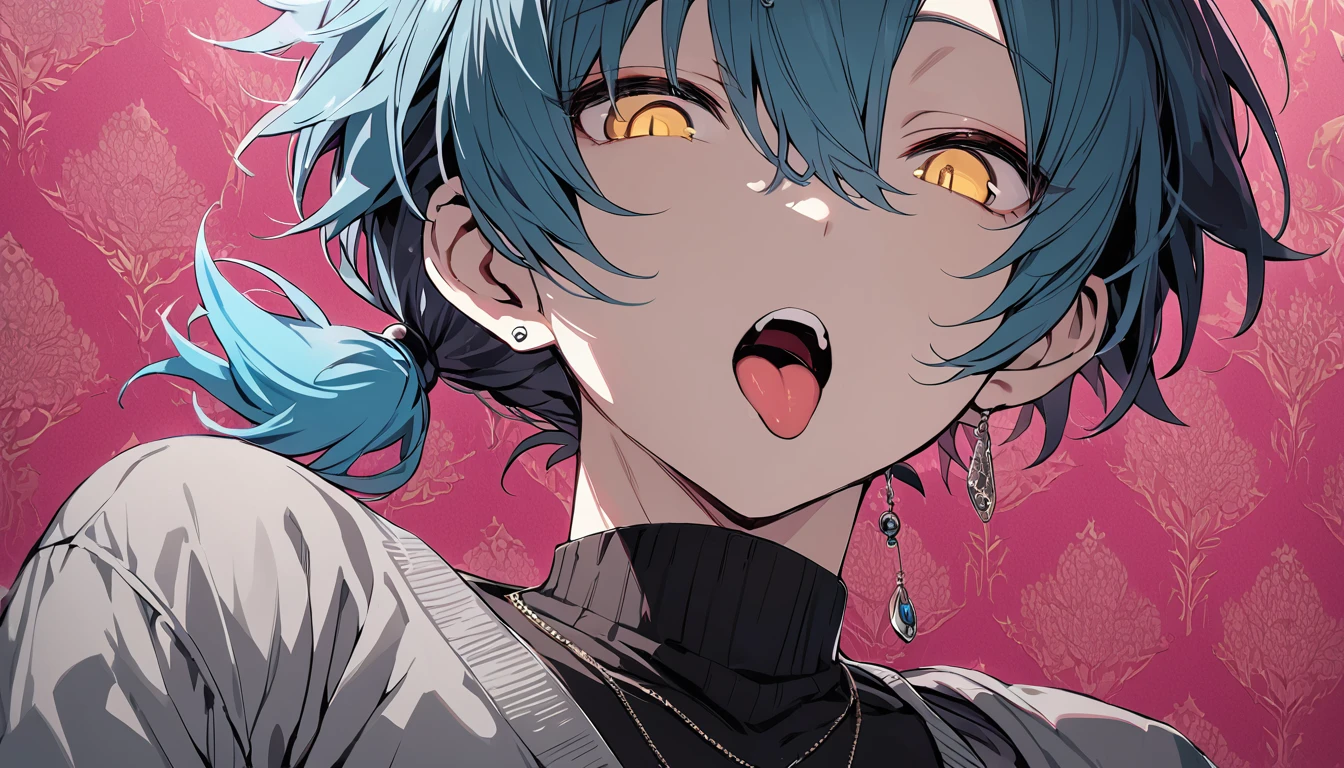 ((((best masterpiece, best quality, wallpaper,)))) solo, guy, male body, small muscles, flat chest, 1male, 30 years old, handsome man, dramatic angle, upper body, looking at viewers, beautiful detailed, tongue out, mediumturquoise hair, ((((Lower short ponytail)))), asymmetrical bangs, ((short hair,)) ((( jitome, gold eyes, ^o^, tareme, droopy eyes,))) (((perfect face, extremely detailed eyes,))) perfect hands, sharp nose, clear face, black turtleneck, grey cardigan, ((silver piercing, pendant,)) leggings, pink background color ultrasharp, 8K, masterpiece,