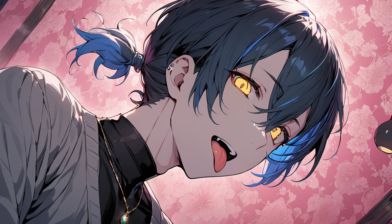 ((((best masterpiece, best quality, wallpaper,)))) solo, guy, male body, small muscles, flat chest, 1male, 30 years old, handsome man, dramatic angle, upper body, looking at viewers, beautiful detailed, tongue out, mediumturquoise hair, ((((Lower short ponytail)))), asymmetrical bangs, ((short hair,)) ((( jitome, gold eyes, ^o^, tareme, droopy eyes,))) (((perfect face, extremely detailed eyes,))) perfect hands, sharp nose, clear face, black turtleneck, grey cardigan, ((silver piercing, pendant,)) leggings, pink background color ultrasharp, 8K, masterpiece,