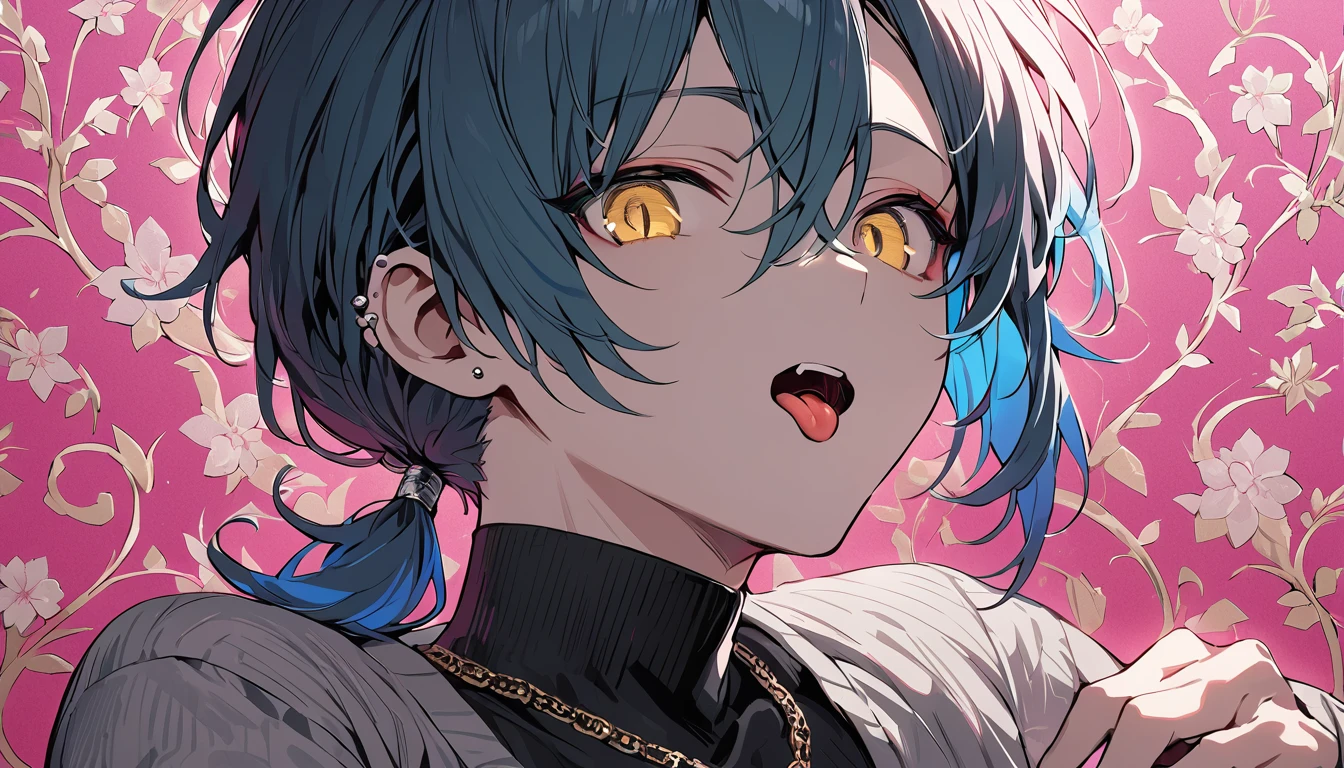 ((((best masterpiece, best quality, wallpaper,)))) solo, guy, male body, small muscles, flat chest, 1male, 30 years old, handsome man, dramatic angle, upper body, looking at viewers, beautiful detailed, tongue out, mediumturquoise hair, ((((Lower short ponytail)))), asymmetrical bangs, ((short hair,)) ((( jitome, gold eyes, ^o^, tareme, droopy eyes,))) (((perfect face, extremely detailed eyes,))) perfect hands, sharp nose, clear face, black turtleneck, grey cardigan, ((silver piercing, pendant,)) leggings, pink background color ultrasharp, 8K, masterpiece,