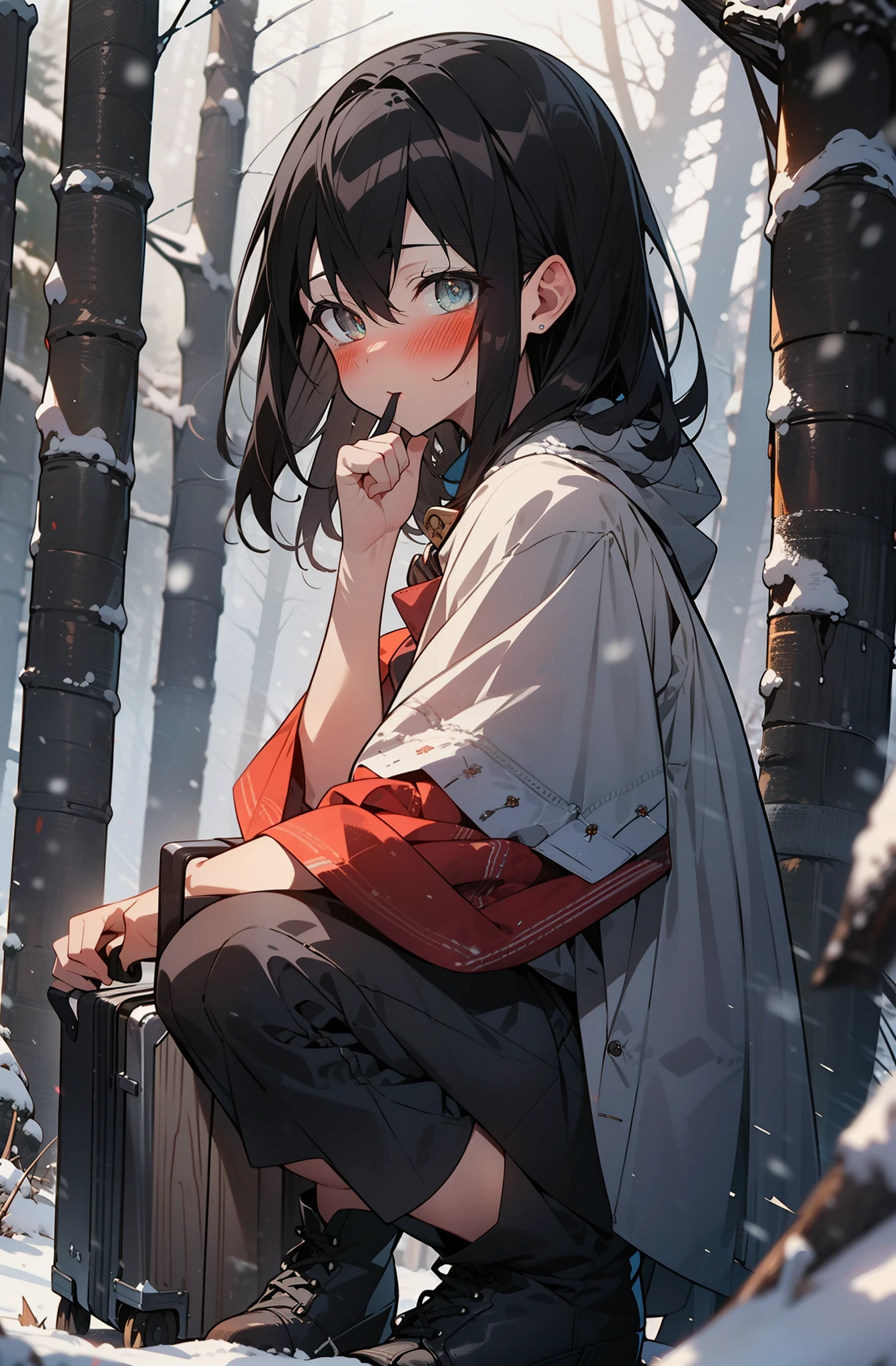 Himeragi Yukina, Brown eyes, Black Hair, Hair between the eyes, Medium Hair, Medium chest,blush,White Breath,
Open your mouth,snow,Ground bonfire, Outdoor, boots, snowing, From the side, wood, suitcase, Cape, Blurred, forest, White handbag, nature, Squat, Mouth closed, Cape, winter, Written boundary depth, Black shoes, red Cape break looking at viewer, Upper Body, whole body, break Outdoor, forest, nature, break (masterpiece:1.2), Highest quality, High resolution, unity 8k wallpaper, (shape:0.8), (Beautiful and beautiful eyes:1.6), Highly detailed face, Perfect lighting, Extremely detailed CG, (Perfect hands, Perfect Anatomy),
