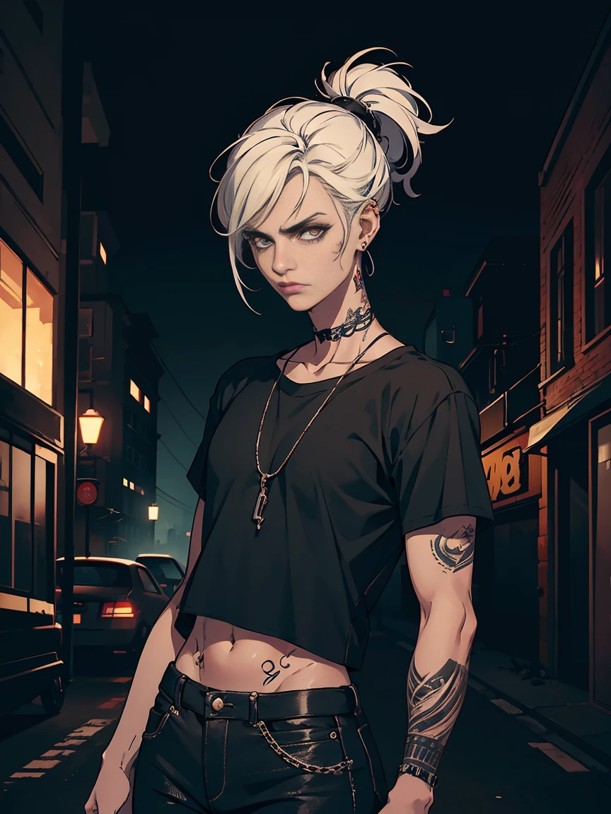 (masterpiece),(A high resolution),(high quality),((crop portrait)) young boy, ((thinny)), thin, atrophic, (a lot of tattoos on the neck), Rebel, completely black neck, earrings, Cold face, stern look, tattoo on arms, clogged, white T-shirt and black jeans with chains and scuffs, sleeve tattoos, Gloomy atmosphere, dark chin length hair, looks very stylish, Punk style, dark background, Abandoned building, Unfinished building, graffiti, rebellious , Gloomy atmosphere, простой dark background, night, cold lighting,