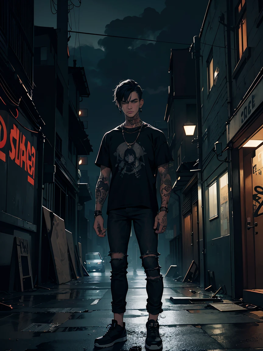 (masterpiece),(A high resolution),(high quality),((crop portrait)) young boy, ((thinny)), thin, atrophic, (a lot of tattoos on the neck), Rebel, completely black neck, earrings, Cold face, stern look, tattoo on arms, clogged, white T-shirt and black jeans with chains and scuffs, sleeve tattoos, Gloomy atmosphere, dark chin length hair, looks very stylish, Punk style, dark background, Abandoned building, Unfinished building, graffiti, rebellious , Gloomy atmosphere, простой dark background, night, cold lighting,