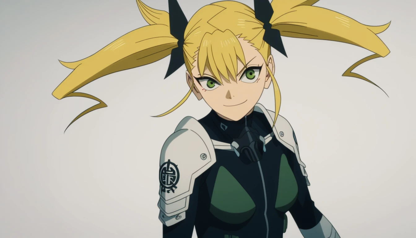 score_9, score_8_up, score_7_up, score_6_up, score_5_up, score_4_up, source_anime, anime screencap, anime coloring, kikoru, 1girl, blonde hair, twintails, green eyes, hair ribbon, black ribbon, bangs, bodysuit, armor, upper body, smile