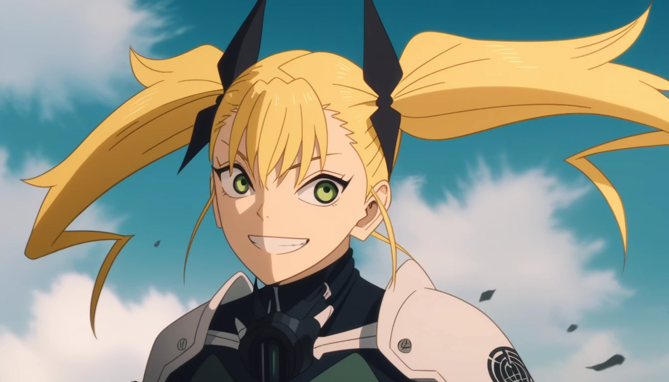 score_9, score_8_up, score_7_up, score_6_up, score_5_up, score_4_up, source_anime, anime screencap, anime coloring, kikoru, 1girl, blonde hair, twintails, green eyes, hair ribbon, black ribbon, bangs, bodysuit, armor, upper body, smile
