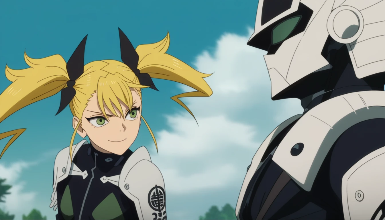 score_9, score_8_up, score_7_up, score_6_up, score_5_up, score_4_up, source_anime, anime screencap, anime coloring, kikoru, 1girl, blonde hair, twintails, green eyes, hair ribbon, black ribbon, bangs, bodysuit, armor, upper body, smile
