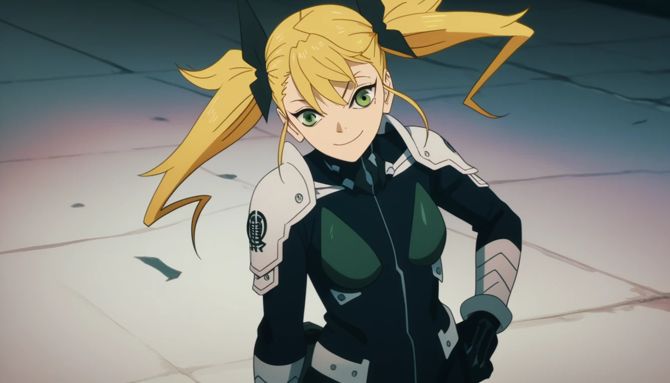 score_9, score_8_up, score_7_up, score_6_up, score_5_up, score_4_up, source_anime, anime screencap, anime coloring, kikoru, 1girl, blonde hair, twintails, green eyes, hair ribbon, black ribbon, bangs, bodysuit, armor, upper body, smile