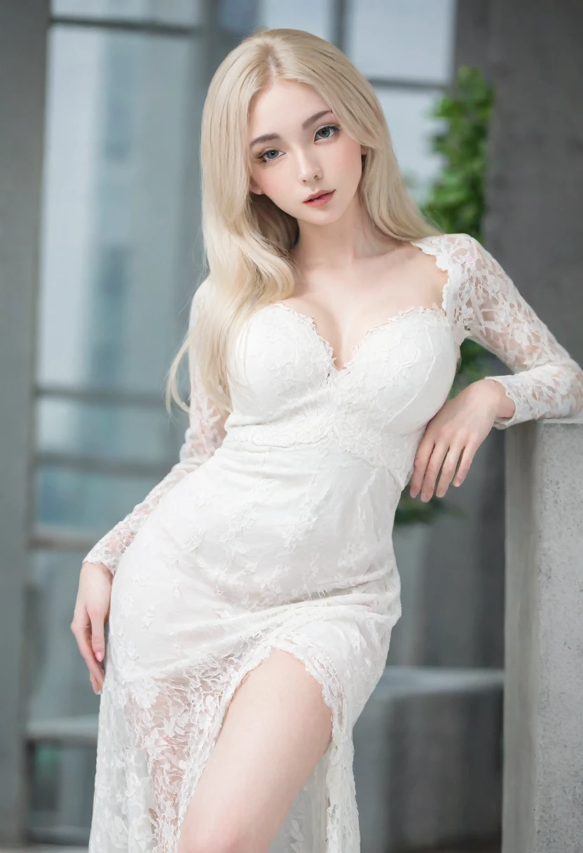 （（European Caucasian Woman））、（（Mary, 18 years old））one person、Thin contours、Grey Eyes、Big Breasts、Narrow waist、White and translucent skin、Beautiful, shiny blonde medium-long hair、8-head-tall model style、White lace long dress、Waist-down angle、Tokyo city