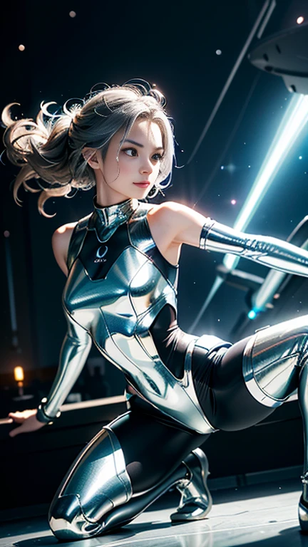 Highest quality, masterpiece, Realistic,  smile、Adult female、 Metallic Dresses, Messy [Updo|Hanging] hair,  alone,   Detailed Background, Detailed face, Sc3pt4, Sci-Fi Theme:1.1), Mercury Wizard, melancholic, Surrounded by iridescent silver waves, Image of alchemy, reflection, silver liquid, Metallic luster, Shiny, Dynamic pose, Fluid movement, Suspended particles, Drops of mercury, Flowing Metal, Mercury Blend, Galactic spaceship in the background, Dripping mercury layer, Volumetric lighting, Cinematic atmosphere, Sharp details, Skin with attention to detail, Realistic skin texture, （Adult sexiness）、（Sexy thighs、Sleeveless Metal Suit）、Composition above the knee