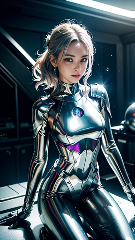 Highest quality, masterpiece, Realistic,  smile、Adult female、 Metallic Dresses, Messy [Updo|Hanging] hair,  alone,   Detailed Background, Detailed face, Sc3pt4, Sci-Fi Theme:1.1), Mercury Wizard, melancholic, Surrounded by iridescent silver waves, Image of alchemy, reflection, silver liquid, Metallic luster, Shiny, Dynamic pose, Fluid movement, Suspended particles, Drops of mercury, Flowing Metal, Mercury Blend, Galactic spaceship in the background, Dripping mercury layer, Volumetric lighting, Cinematic atmosphere, Sharp details, Skin with attention to detail, Realistic skin texture, （Adult sexiness）、（Sexy thighs、Sleeveless Metal Suit）、Composition above the knee