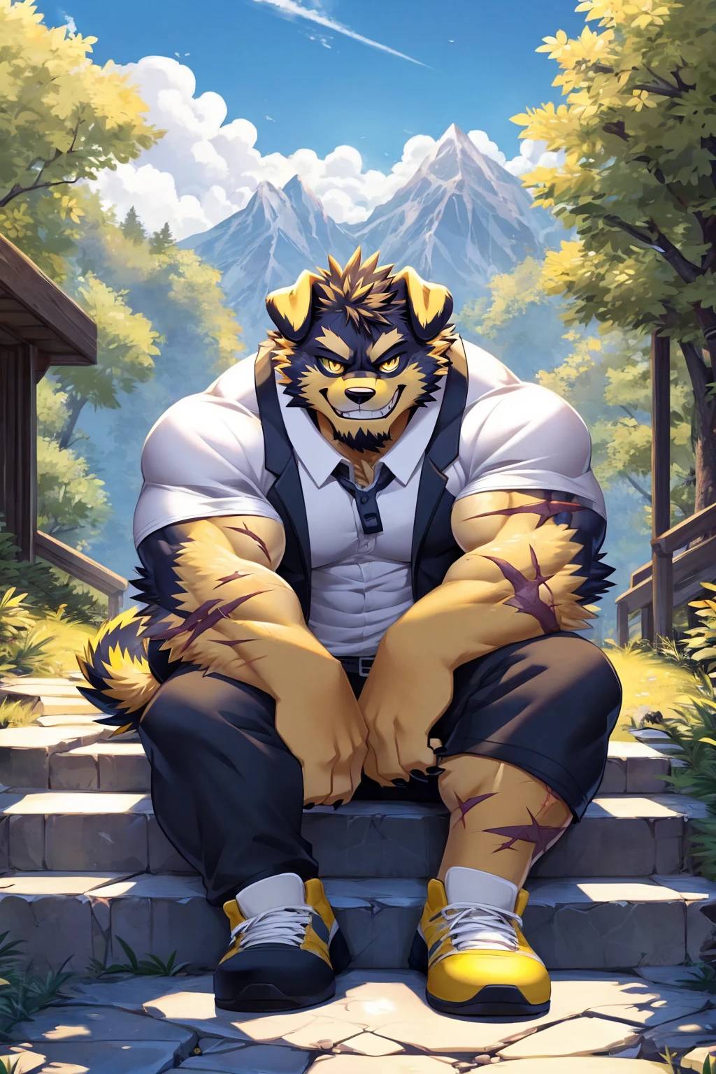 (sfw:1.5), male focus, Handsome 1boy, solitary,protrait photo, (White thick eyebrows:1.3), single, (Black nails, Black claws:1.4), yellow skin, Black hair, (black and yellow tail:1.4), (perfect golden eyes:1.4), (black and yellow body:1.3), (yellow chest:1.1), (black and yellow ears:1.4),
Tibetan Mastiff, feet, black Tibetan mastiff, dog, Tibetan mastiff boy, Tibetan mastiff body, (evil eyes, big eyes, large eyes:1.4), (Chubby, The body is huge, Larger face:1.3),
(White short-sleeved shirt, Black vest:1.4) , (Black trousers:1.4),(yellow short shoes:1.4), White socks, (blue whistle:1.3), (Lots of scars, lots of scars, Lots of scars:1.3),
(full body:1.3), (Mature men:1.4), (Strong body, muscle,Strong male, muscle男:1.3), (Sitting, Sitting on the steps:1.4), (Looking at the audience, Focus, Eyes gaze:1.2), (evil smile, evil grin, Smirk:1.4),
full background, Faculty, roadside, Stone steps, Mountain, Blue sky, White Cloud, Trees, Sunlight, daytime,
Mysterious and romantic atmosphere, Caustic lines(refraction, polarization)Perfect anatomical structure, absurd, Detailed background, (Delicate eyes:1.3),Printing style。((artist:Takemoto Arashi))