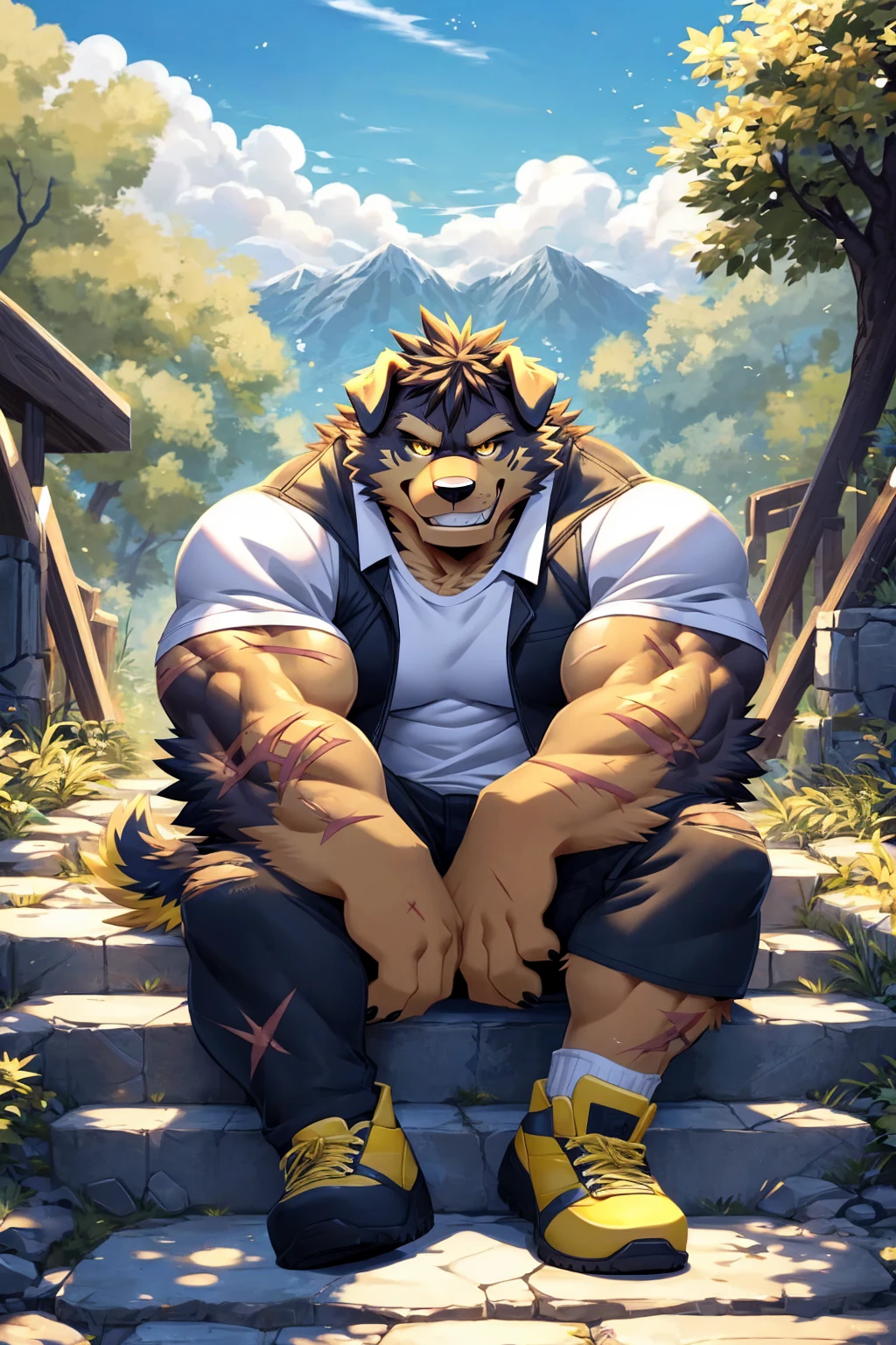 (sfw:1.5), male focus, Handsome 1boy, solitary,protrait photo, (White thick eyebrows:1.3), single, (Black nails, Black claws:1.4), yellow skin, Black hair, (black and yellow tail:1.4), (perfect golden eyes:1.4), (black and yellow body:1.3), (yellow chest:1.1), (black and yellow ears:1.4),
Tibetan Mastiff, feet, black Tibetan mastiff, dog, Tibetan mastiff boy, Tibetan mastiff body, (evil eyes, big eyes, large eyes:1.4), (Chubby, The body is huge, Larger face:1.3),
(White short-sleeved shirt, Black vest:1.4) , (Black trousers:1.4),(yellow short shoes:1.4), White socks, (blue whistle:1.3), (Lots of scars, lots of scars, Lots of scars:1.3),
(full body:1.3), (Mature men:1.4), (Strong body, muscle,Strong male, muscle男:1.3), (Sitting, Sitting on the steps:1.4), (Looking at the audience, Focus, Eyes gaze:1.2), (evil smile, evil grin, Smirk:1.4),
full background, Faculty, roadside, Stone steps, Mountain, Blue sky, White Cloud, Trees, Sunlight, daytime,
Mysterious and romantic atmosphere, Caustic lines(refraction, polarization)Perfect anatomical structure, absurd, Detailed background, (Delicate eyes:1.3),Printing style。((artist:Takemoto Arashi))