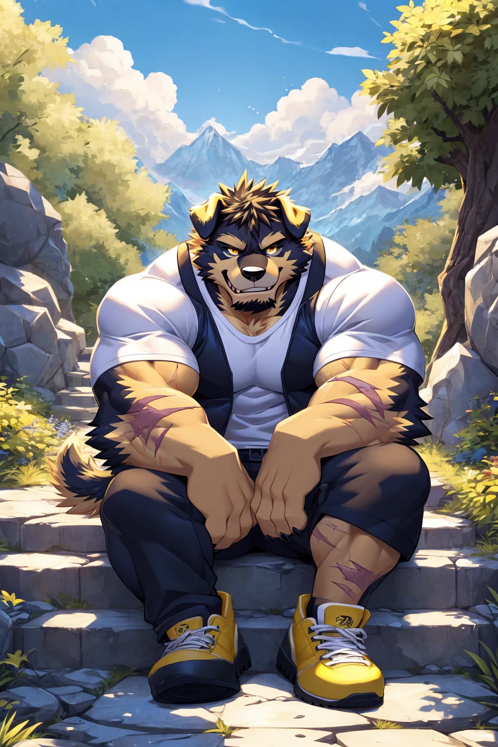 (sfw:1.5), male focus, Handsome 1boy, solitary,protrait photo, (White thick eyebrows:1.3), single, (Black nails, Black claws:1.4), yellow skin, Black hair, (black and yellow tail:1.4), (perfect golden eyes:1.4), (black and yellow body:1.3), (yellow chest:1.1), (black and yellow ears:1.4),
Tibetan Mastiff, feet, black Tibetan mastiff, dog, Tibetan mastiff boy, Tibetan mastiff body, (evil eyes, big eyes, large eyes:1.4), (Chubby, The body is huge, Larger face:1.3),
(White short-sleeved shirt, Black vest:1.4) , (Black trousers:1.4),(yellow short shoes:1.4), White socks, (blue whistle:1.3), (Lots of scars, lots of scars, Lots of scars:1.3),
(full body:1.3), (Mature men:1.4), (Strong body, muscle,Strong male, muscle男:1.3), (Sitting, Sitting on the steps:1.4), (Looking at the audience, Focus, Eyes gaze:1.2), (evil smile, evil grin, Smirk:1.4),
full background, Faculty, roadside, Stone steps, Mountain, Blue sky, White Cloud, Trees, Sunlight, daytime,
Mysterious and romantic atmosphere, Caustic lines(refraction, polarization)Perfect anatomical structure, absurd, Detailed background, (Delicate eyes:1.3),Printing style。((artist:Takemoto Arashi))