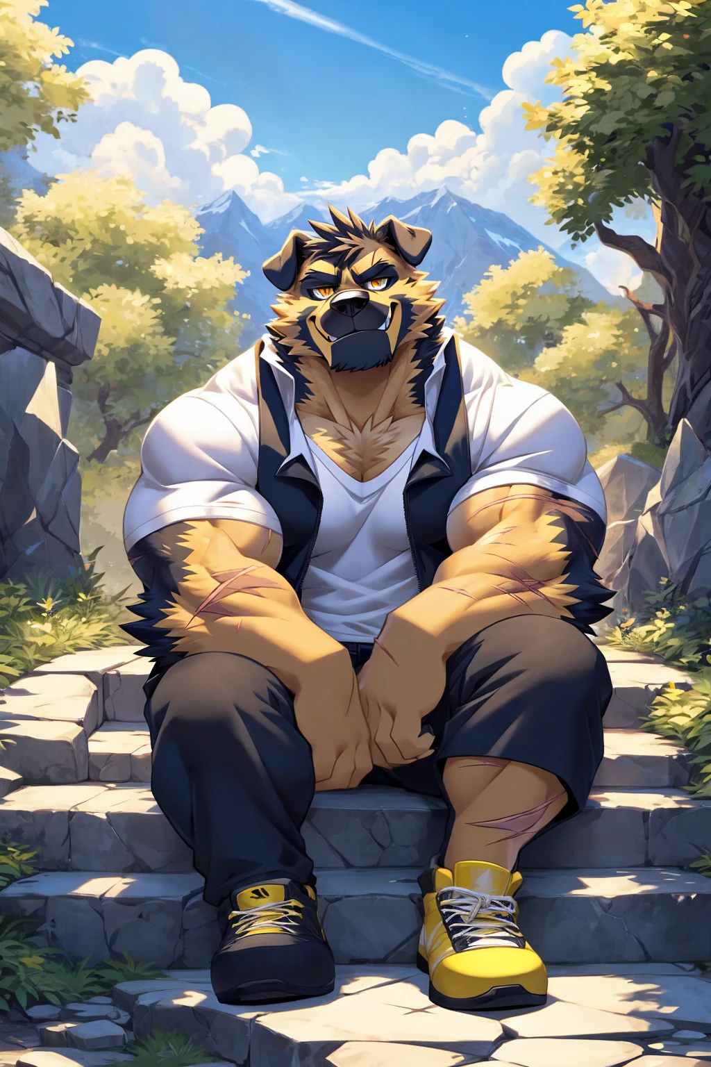 (sfw:1.5), male focus, Handsome 1boy, solitary,protrait photo, (White thick eyebrows:1.3), single, (Black nails, Black claws:1.4), yellow skin, Black hair, (black and yellow tail:1.4), (perfect golden eyes:1.4), (black and yellow body:1.3), (yellow chest:1.1), (black and yellow ears:1.4),
Tibetan Mastiff, feet, black Tibetan mastiff, dog, Tibetan mastiff boy, Tibetan mastiff body, (evil eyes, big eyes, large eyes:1.4), (Chubby, The body is huge, Larger face:1.3),
(White short-sleeved shirt, Black vest:1.4) , (Black trousers:1.4),(yellow short shoes:1.4), White socks, (blue whistle:1.3), (Lots of scars, lots of scars, Lots of scars:1.3),
(full body:1.3), (Mature men:1.4), (Strong body, muscle,Strong male, muscle男:1.3), (Sitting, Sitting on the steps:1.4), (Looking at the audience, Focus, Eyes gaze:1.2), (evil smile, evil grin, Smirk:1.4),
full background, Faculty, roadside, Stone steps, Mountain, Blue sky, White Cloud, Trees, Sunlight, daytime,
Mysterious and romantic atmosphere, Caustic lines(refraction, polarization)Perfect anatomical structure, absurd, Detailed background, (Delicate eyes:1.3),Printing style。((artist:Takemoto Arashi))