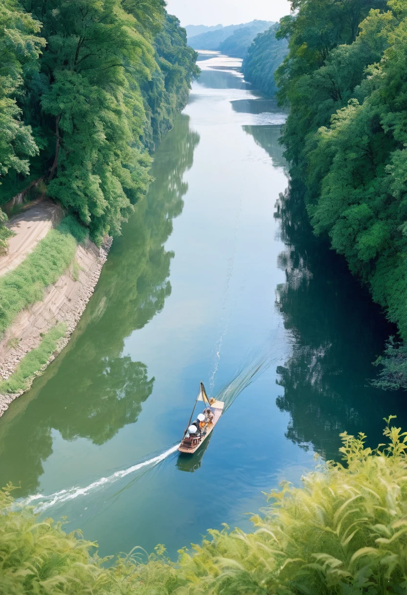(Watercolor style, The art of spectroscopy) + Enjoy a panoramic view of the majestic river + Back of clothing (Vista) + (flow + Subtle reflection) + (mix + splash) + (The light and shadow are clear + Swing Dynamics)