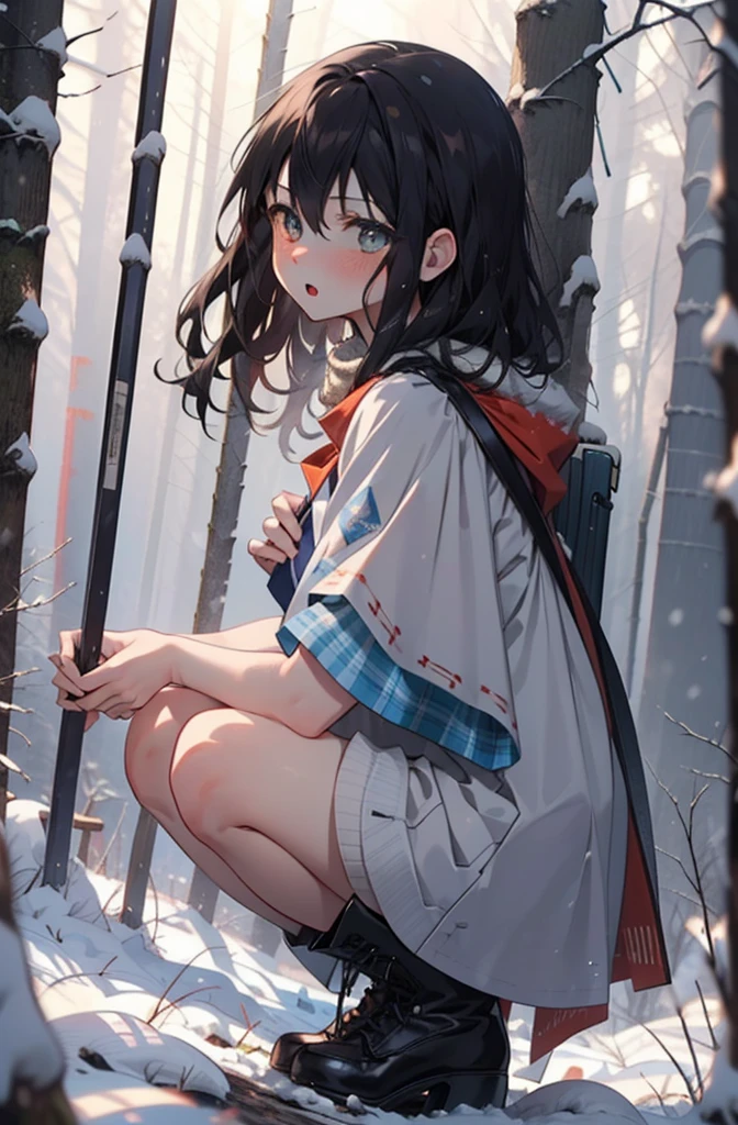 Himeragi Yukina, Brown eyes, Black Hair, Hair between the eyes, Medium Hair, Medium chest,blush,White Breath,
Open your mouth,snow,Ground bonfire, Outdoor, boots, snowing, From the side, wood, suitcase, Cape, Blurred, forest, White handbag, nature,  Squat, Mouth closed, Cape, winter, Written boundary depth, Black shoes, red Cape break looking at viewer, Upper Body, whole body, break Outdoor, forest, nature, break (masterpiece:1.2), Highest quality, High resolution, unity 8k wallpaper, (shape:0.8), (Beautiful and beautiful eyes:1.6), Highly detailed face, Perfect lighting, Extremely detailed CG, (Perfect hands, Perfect Anatomy),