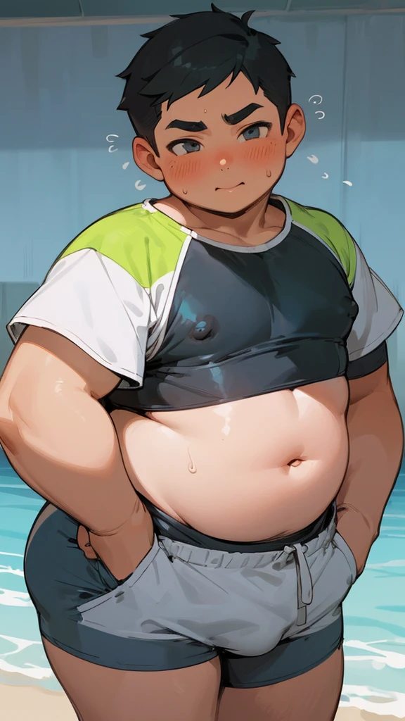 (androgynous), (boyish), chubby, (very short hair), (pudgy face), (thick), overweight, beefy, (cute), (little brat), (naughty brat), (belly button), Chubby body, Sweaty body, (Smelly body), (moobs), (ikemen), (Obese man like female breasts), (swimsuits), (sexly), (nipples),