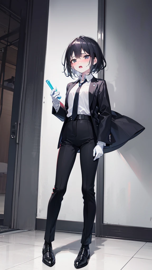 18-year-old boy,Fair skin,cute,Wear a white long-sleeved shirt with a black jacket and a black work tie,Wear black pants,Wear black booties,Wear white gloves,Wear a collar,black hair,black eyes,Very thin waist,Very thin legs,Handsome,Expression of disdain and indifference,shy,blush,Fear,Sweating,exhausted,pornography,Pornographic action,There is cumming,Fucked to open mouth,嘴巴里There is cumming