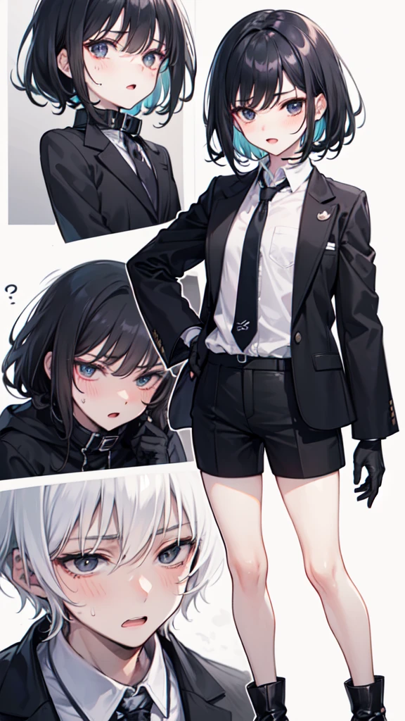 18-year-old boy,Fair skin,cute,Wear a white long-sleeved shirt with a black jacket and a black work tie,Wear black pants,Wear black booties,Wear white gloves,Wear a collar,black hair,black eyes,Very thin waist,Very thin legs,Handsome,Expression of disdain and indifference,shy,blush,Fear,Sweating,exhausted,pornography,Pornographic action,There is cumming,Fucked to open mouth,嘴巴里There is cumming