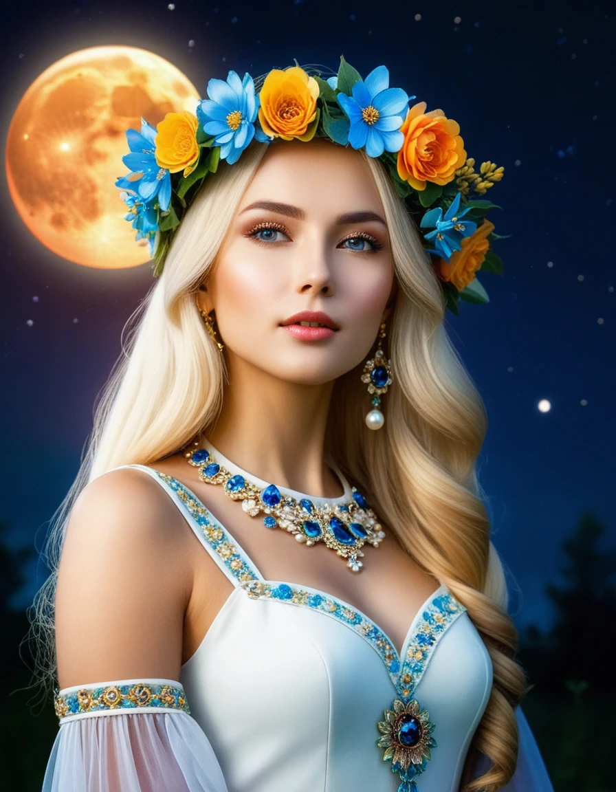 woman with a flower crown on her head and against the background of the night sky, in Russian folk style, portrait of a beautiful goddess, beautiful fantasy art portrait, beautiful goddess, beautiful fantasy girl, Beautiful girl, The mythology of the goddess of the earth, blonde hair, beautiful fantasy portrait, flower goddess, she has a wreath of flowers, beautiful fantasy art, beautiful gorgeous digital art, in Russian folk dress