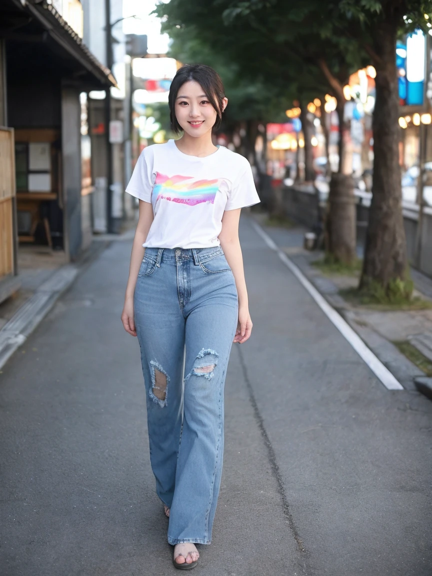 Realistic,score_9, score_8_superior, score_7_superior, break, 1人of女性(40 generations:2),alone,short hair,Rough skin,From before,Face Focus,(View your viewers:1.2),A kind smile（Laugh with your mouth closed:1.2）,Full body portrait(Medium build:1.2),Stand with your feet shoulder-width apart,(bright,Polaroid,(depth_of_Field:1.5),晴れof日,Outdoor(Daytime:1.2),street,Moody lighting,Lens flare,Available Light,Rim Light,Shining neon lights,Curvy,無地ofＴshirt(レディース リラックスTshirt Bella Canvas 6400 Heather Prism Natural ）,Blue Jeans,日本of女性,