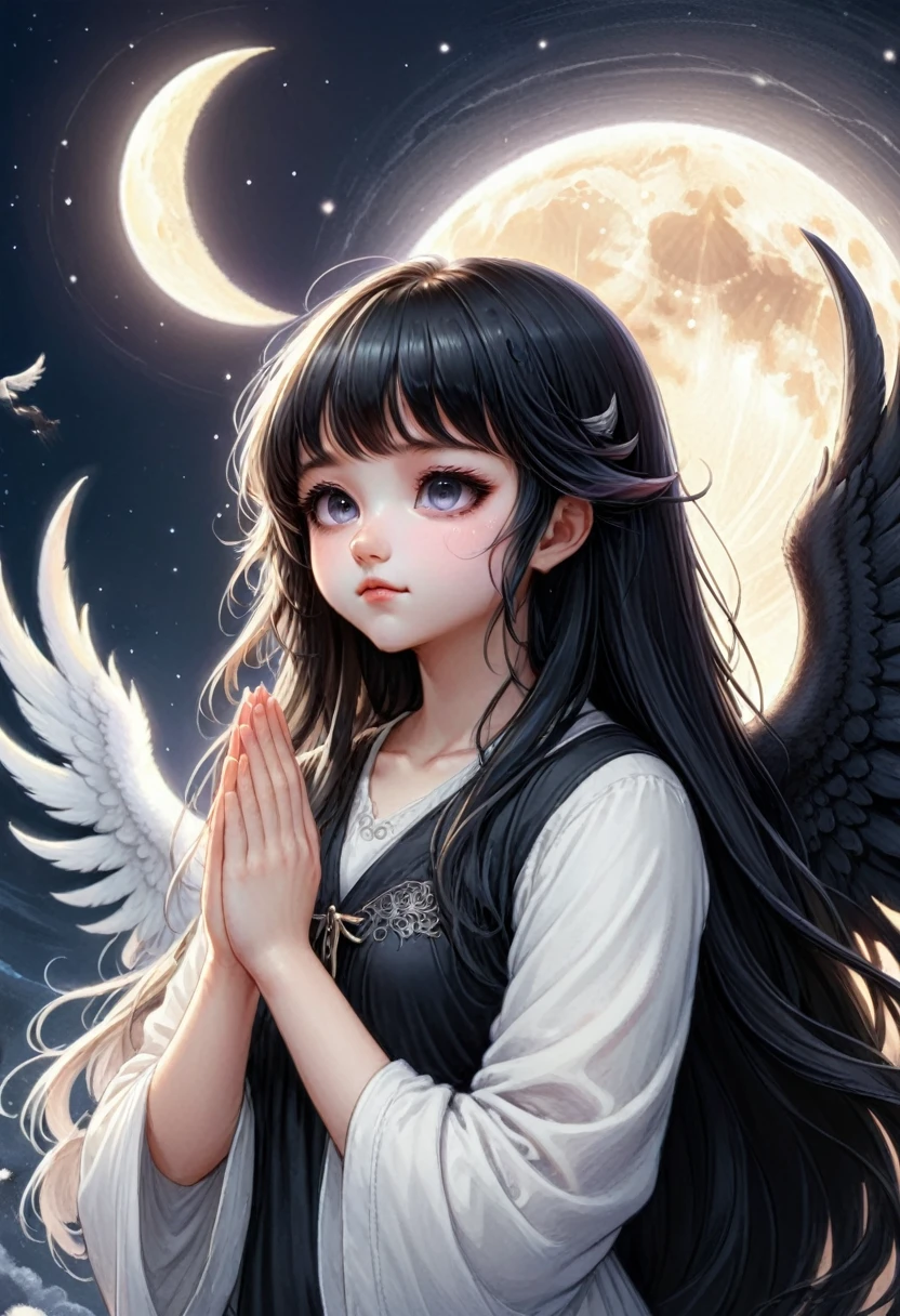 A girl, left half white angel, right half black demon, in anime style, both have bangs long hair, hands pray, the background is a white half moon, eyes closed, cute, detailed art style, pastel, digital painting, fantasy, in art germ style