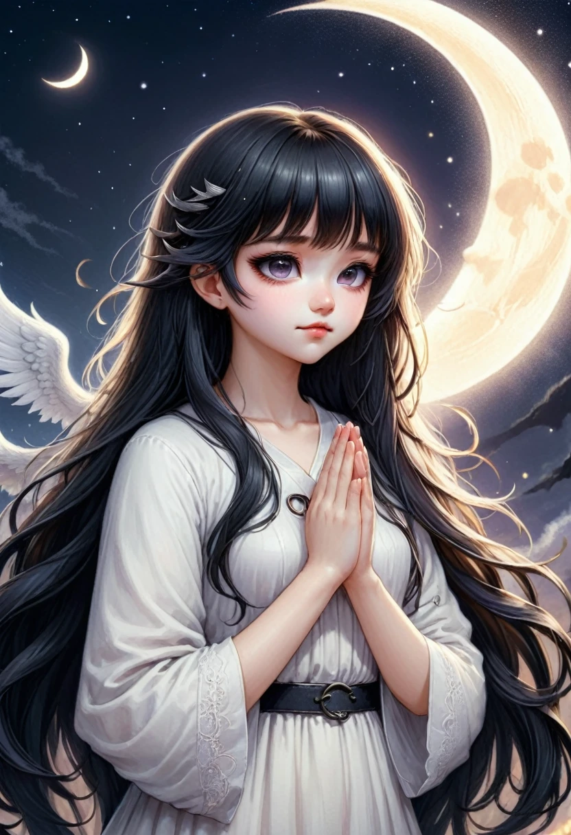 A girl, left half white angel, right half black demon, in anime style, both have bangs long hair, hands pray, the background is a white half moon, eyes closed, cute, detailed art style, pastel, digital painting, fantasy, in art germ style