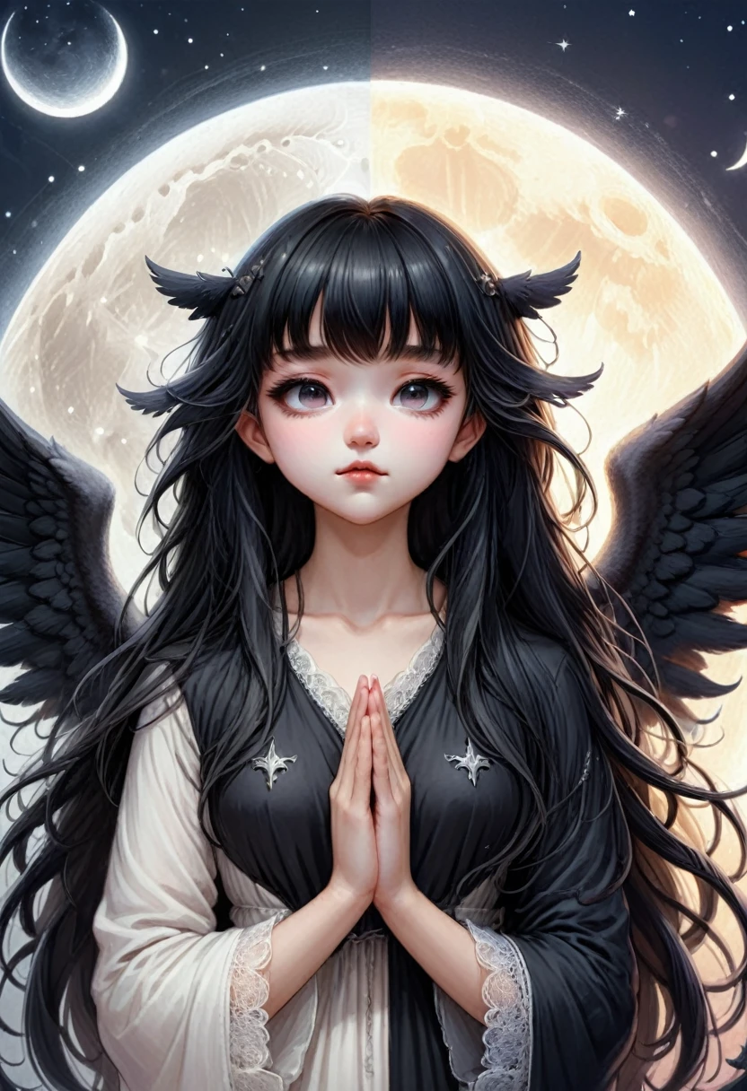 A girl, left half white angel, right half black demon, in anime style, both have bangs long hair, hands pray, the background is a white half moon, eyes closed, cute, detailed art style, pastel, digital painting, fantasy, in art germ style