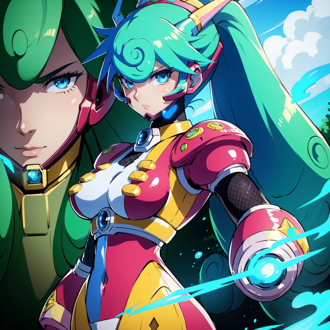 marino_megamanx, 1girl, green hair, blue eyes, ponytail, detailed face, breasts, high quality, masterpiece, standing with green flames coming from a tree