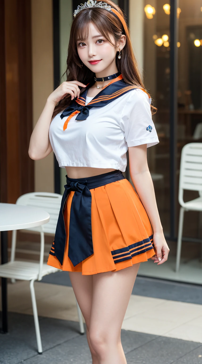 highest quality、table top、8k、best image quality、Award-winning work)、one beautiful woman、radiant beautiful skin , masterpiece、top-quality、The ultra -The high-definition、depth of fields、lens flare 1 girl、brown hair, watching at viewers glares, large breasts ( high heels), perfect legs, model pose, smiling , sailor senshi uniform, (orange skirt:1.4), tiara, (orange sailor collar:1.4), blue bow, orange choker