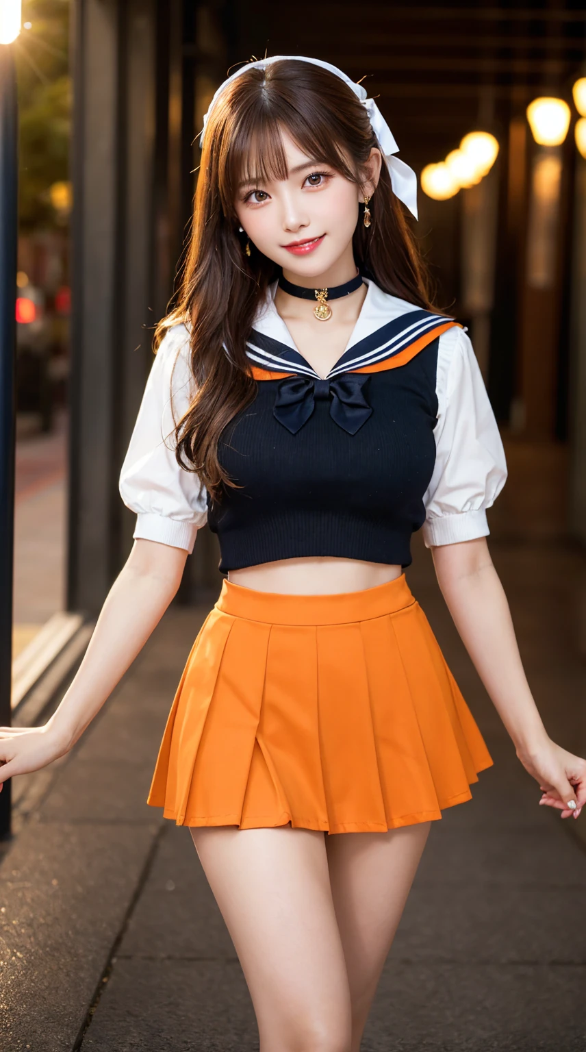 highest quality、table top、8k、best image quality、Award-winning work)、one beautiful woman、radiant beautiful skin , masterpiece、top-quality、The ultra -The high-definition、depth of fields、lens flare 1 girl、brown hair, watching at viewers glares, large breasts ( high heels), perfect legs, model pose, smiling , sailor senshi uniform, (orange skirt:1.4), tiara, (orange sailor collar:1.4), blue bow, orange choker