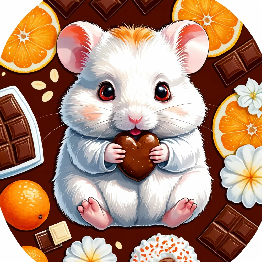 Fabric Sticker Design for clothes, cartoon hamster, hamster clothing sticker, orange color, fluffy, baby face, red eyes, eating chocolate, high definition, high detail, cartoon style