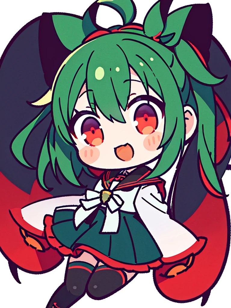 White background、Japan anime illustrations、Small illustration、SD Character、girl、Green Hair、Twin tails、Black ribbon hair ornament、Red Eyes、Black Sailor Suit、Black Uniform、smile、Super Deformed Characters、デフォルメされたgirl