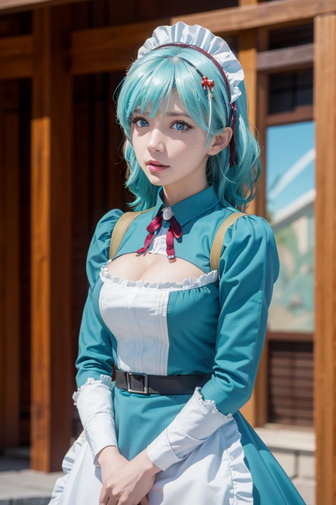 photorealistic, (4k), (upper body), depth of field, (Masterpiece), (realistic skin texture), highly detailed, intricate, highly detailed, professional photography, bokeh, high resolution, sharp detail, best quality, girl, hair aqua, medium hair, blue eyes, aqua maid dress, maid headdress, frills, apron, standing,