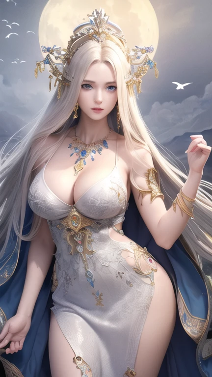 (masterpiece,Highest quality,High resolution,Super detailed,8K),woman,alone,,Official artwork,Greek Goddess,,whole body,Facing forward,Ample breasts,Beautiful valley,Silver blonde hair,,Medium Long、Hair is bunched back,(Beautiful Face,Beautiful Eyes,Blue Eyes,Beautiful nose,Beautiful lips),A look of kindness and compassion,Slender beauty,Looking at this,flower,bird,moon,jewelry,necklace,,White Dress,Sleeveless,Holding,Ancient images,Detailed configuration,background,,(Fractal Art:1.2),
 