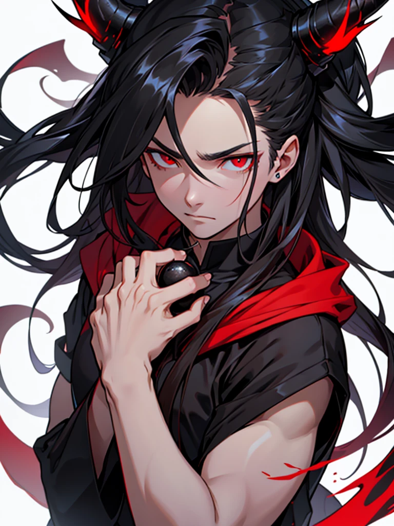 Male demon、Black long hair、Red Eyes、Savage look、Black magic overflows from both hands.、Black clothes、Fantasy、Single、White background