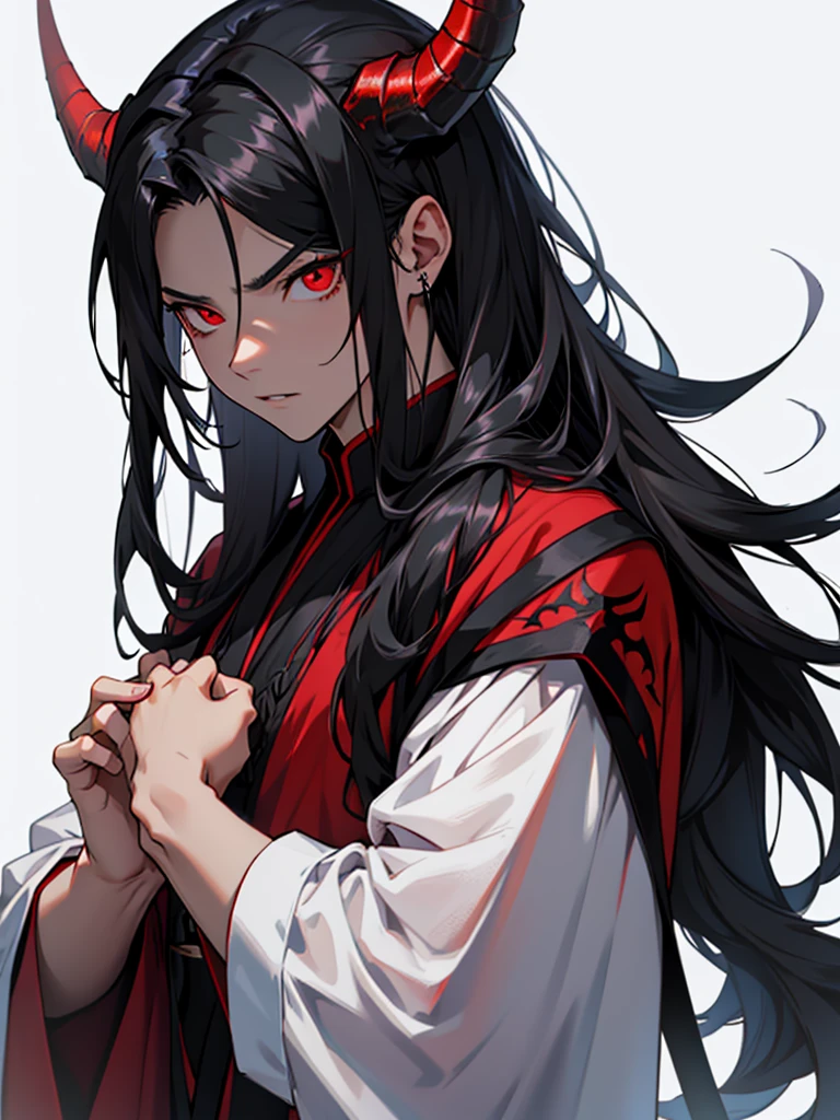 Male demon、Black long hair、Red Eyes、Savage look、Black magic overflows from both hands.、Black clothes、Fantasy、Single、White background