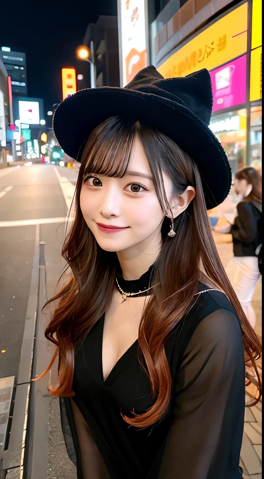 high quality, 最high quality, masterpiece, Very fine、beautifully、detailed, Professional photos, Proper Lighting,
Very beautiful girl, Beautiful Face, Face Tattoos,
Halloween Costumes, Black short dress, Black witch hat, Orange Accessories,
smile, Laughter, Blushed, (thin, Pale skin,:0.8)
Very straight medium hair with single blades,
(Bokeh, Dynamic Angle, city, on the road, Midnight, Shibuya Ward,:0.8)