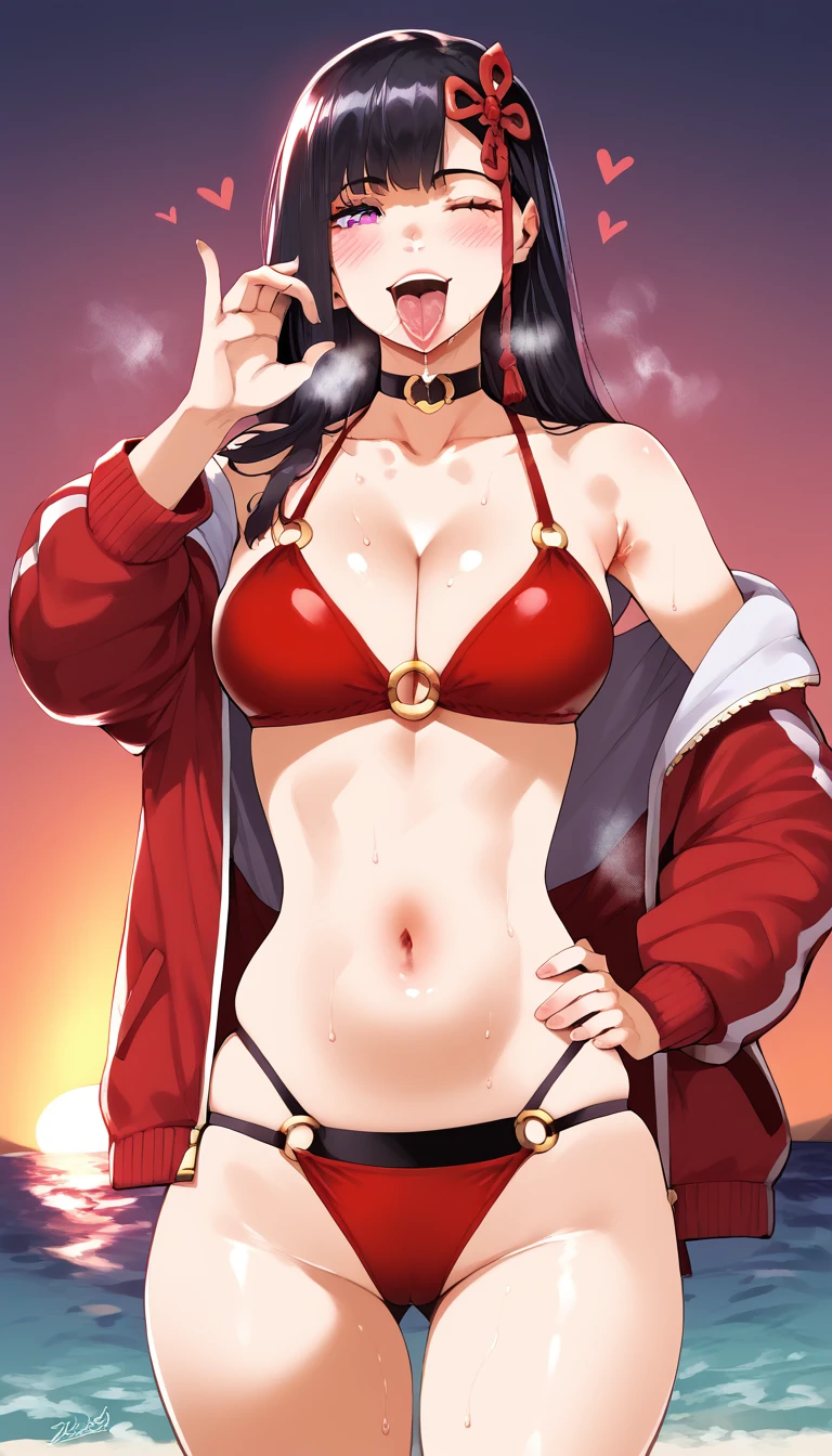 score_9, score_8_up, score_7_up, score_6_up, uncensored, Ren yamashiro, black hair, long hair, purple eyes, hair ornament, naughty face, shiny skin, sweating, BREAK (masterpiece:1.2), best quality, high resolution, unity 8k wallpaper, (illustration:0.8), (detailed eyes:1.3), perfect lighting, extremely detailed CG, (perfect hands, perfect anatomy), hearts, pleasured, medium breasts, belly, swimsuit, jacket, red_jacket, bikini, o-ring, sky, choker, thigh_gap, outdoors, day, collarbone, multi-strapped_bikini, bare_shoulders, open_jacket, off_shoulder, cowboy_shot, black_choker, ocean, night, cleavage, skindentation, beach, track_jacket, steaming face, steaming, BREAK, standing, hand on hip, fellatio gesture, tongue out, saliva, gasping, heavy breathing, wink,