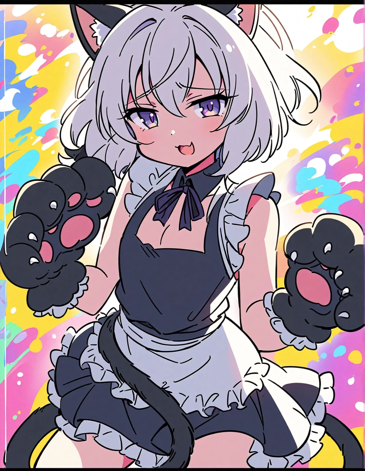 1girl, cute catgirl, white hair, cat ears, black cat paw gloves, cute, meowing expression, confident look, maid dress, best quality, anime manga style, vibrant colors, soft lighting. The scene must remember the funny anime scenes where the girl puts on gloves in the shape of a cat's paw and cat ears and a cat's tail to seduce the unlucky protagonist, lascivious and seductive look, like in "don't stress me nagatoro".