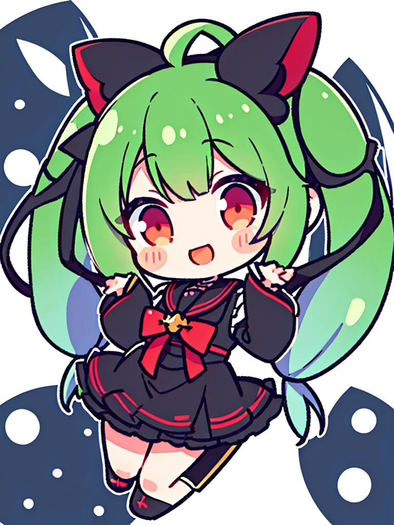 White background、Japan anime illustrations、Small illustration、SD Character、girl、Green Hair、Twin tails、Black ribbon hair ornament、Red Eyes、Black Sailor Suit、Black Uniform、smile、Super Deformed Characters、デフォルメされたgirl