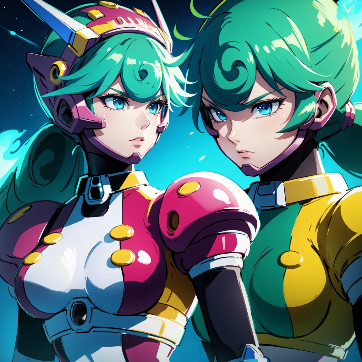 marino_megamanx, 1girl, green hair, blue eyes, ponytail, detailed face, breasts, high quality, masterpiece, standing with green flames coming from a tree