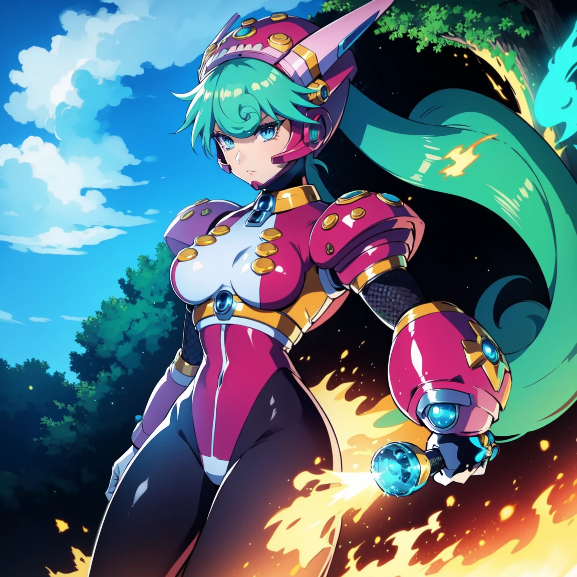 marino_megamanx, 1girl, green hair, blue eyes, ponytail, detailed face, breasts, high quality, masterpiece, standing with green flames coming from a tree