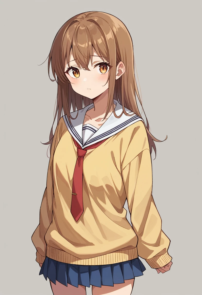 私は告whiteします_Alice, Huge_chest, Are standing, alone, School_uniform_white_shirt_brown_mini skirt_yellow_sweater_red_tie, masterpiece, Highest quality, Detailed face, Fine grain, High resolution,