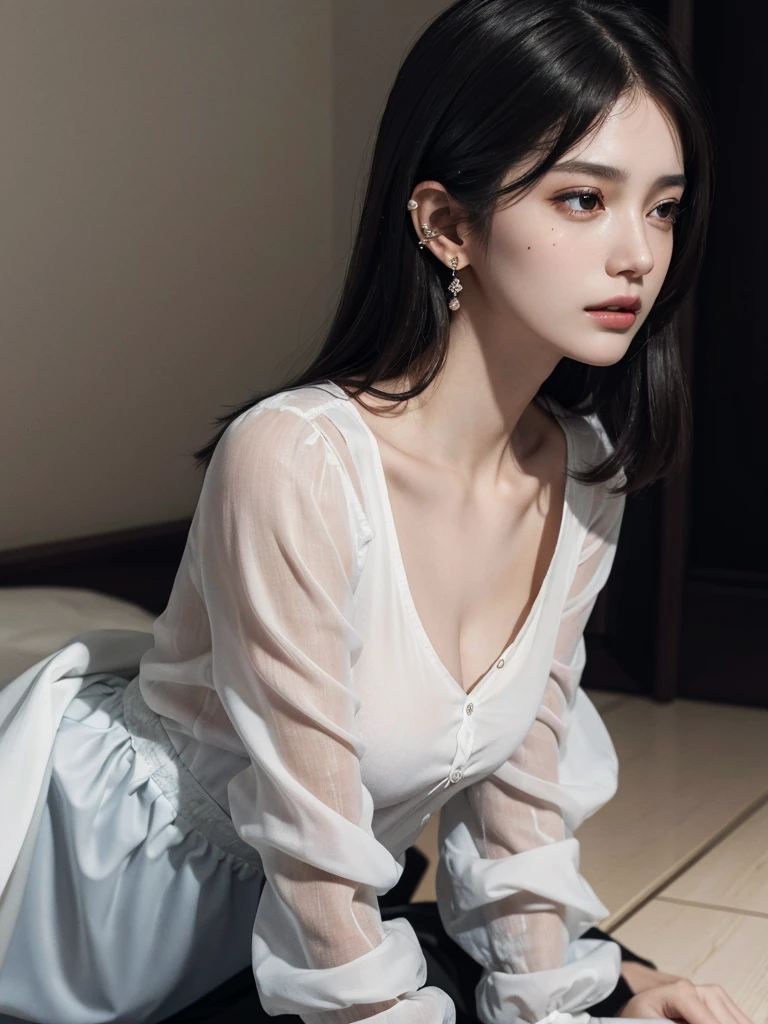 absurdres, RAW photo, extremely delicate and beautiful, masterpiece, Best Quality, ultra high resolution, 32k, hyperrealistic, ultra-detailed, in her 20s, delicate facial features, tearful mole, earring, medium breasts, ((full body shot)), shorter middle hair, black hair, collared shirt dress,