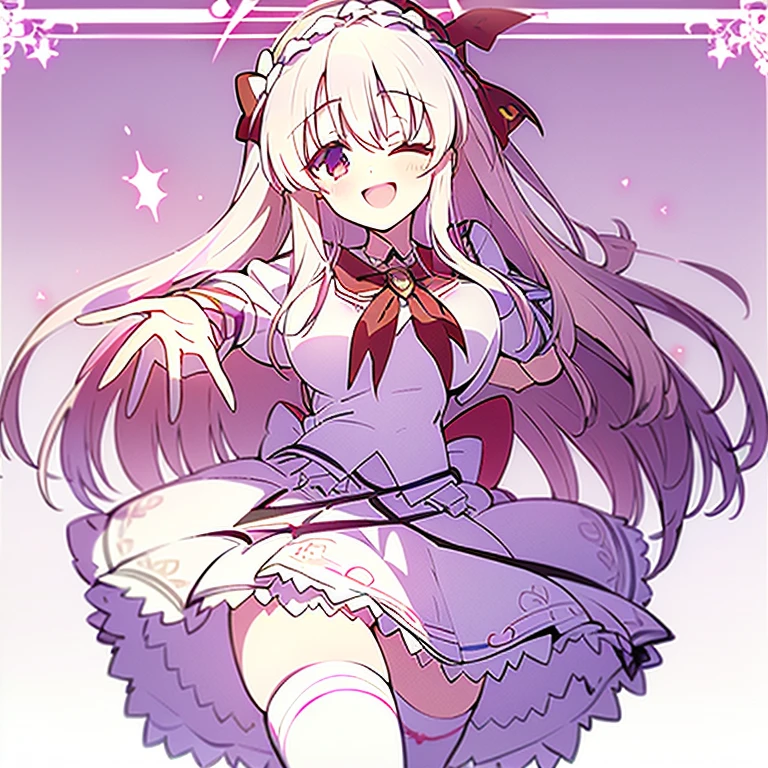 score_9, score_8_up, score_7_up, (masterpiece, best quality, very aesthetic, ultra detailed), intricate details, 1girl, illyasviel von einzbern, fate \(series\), white hair, red eyes, one eye closed, open mouth, skirt, double v, smile,