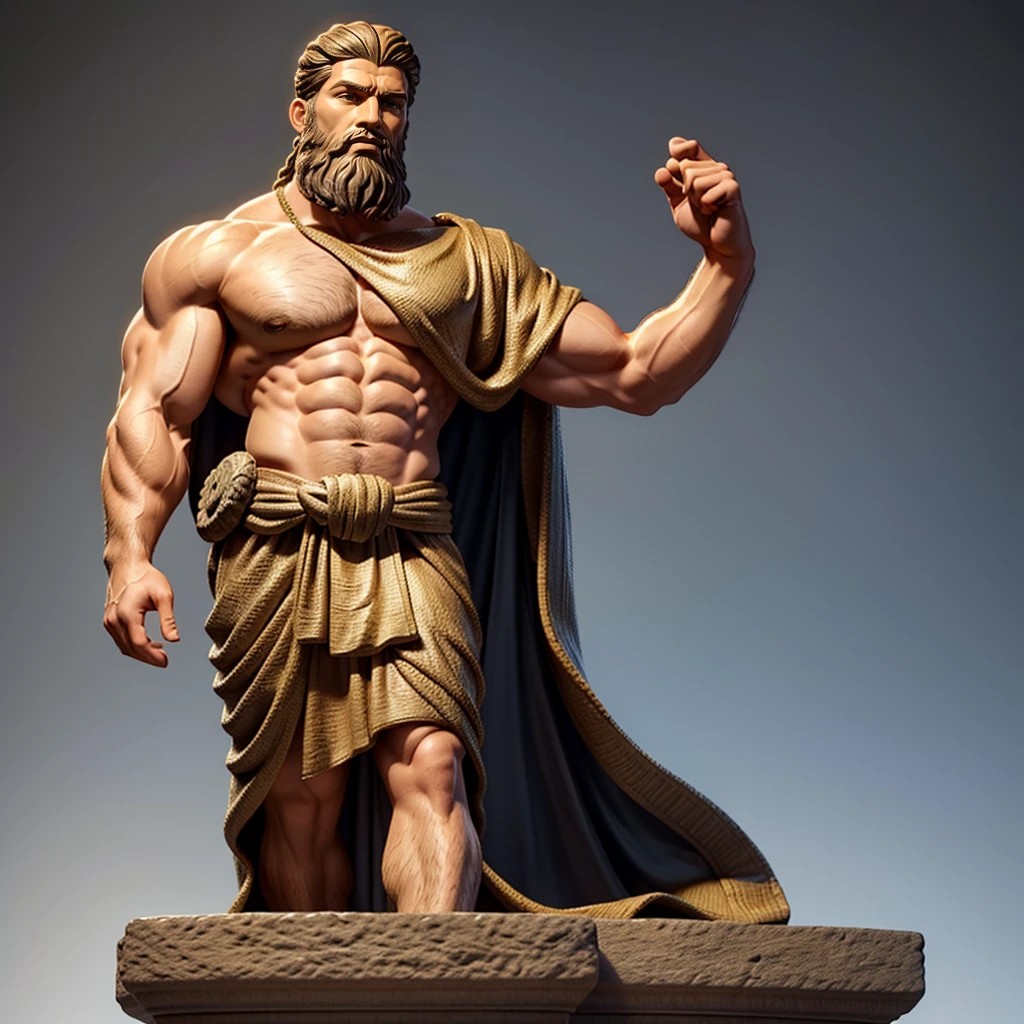 Image of a full-length statue depicting a muscular, bearded man. The statue should be
in the style of ancient Greek art, features of stoicism. Must present clothing
elegantly draped over one shoulder. The background must be dark, highlighting the
statue as central element. The statue must demonstrate exceptional.
craftsmanship, with intricate details visible in the facial features and costume. The image
it should have a dramatic feel, achieved through the interplay of light and shadow. different both