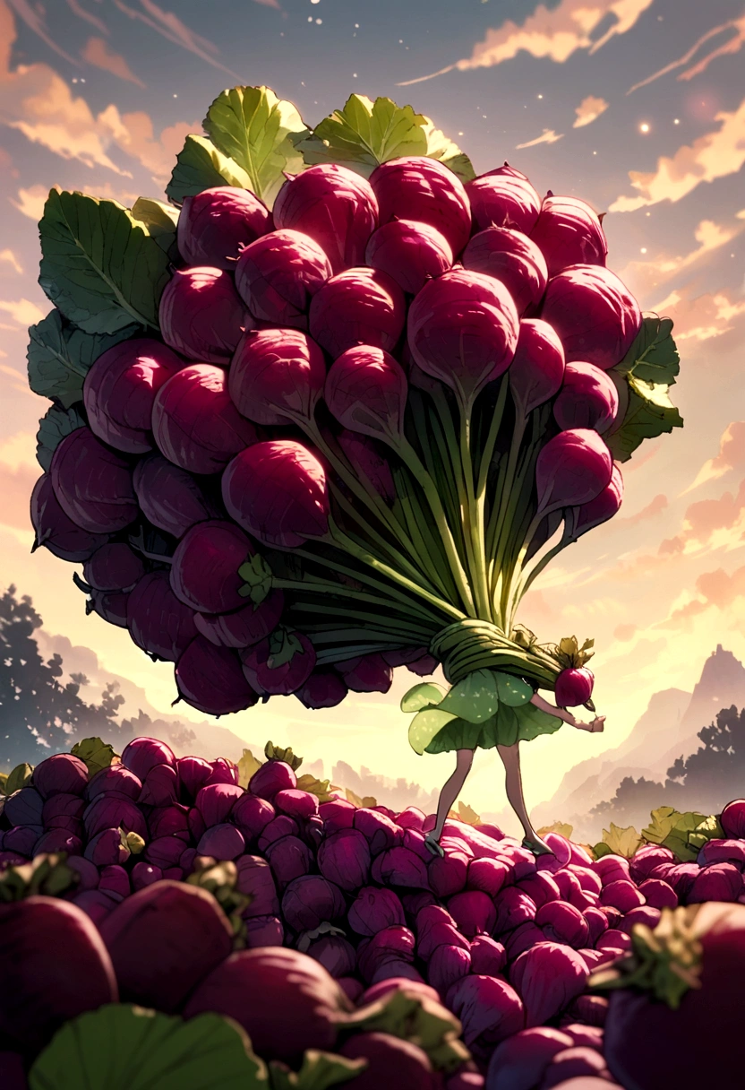 a fairy flying over a pile of  beets, holding one  beet on her hand