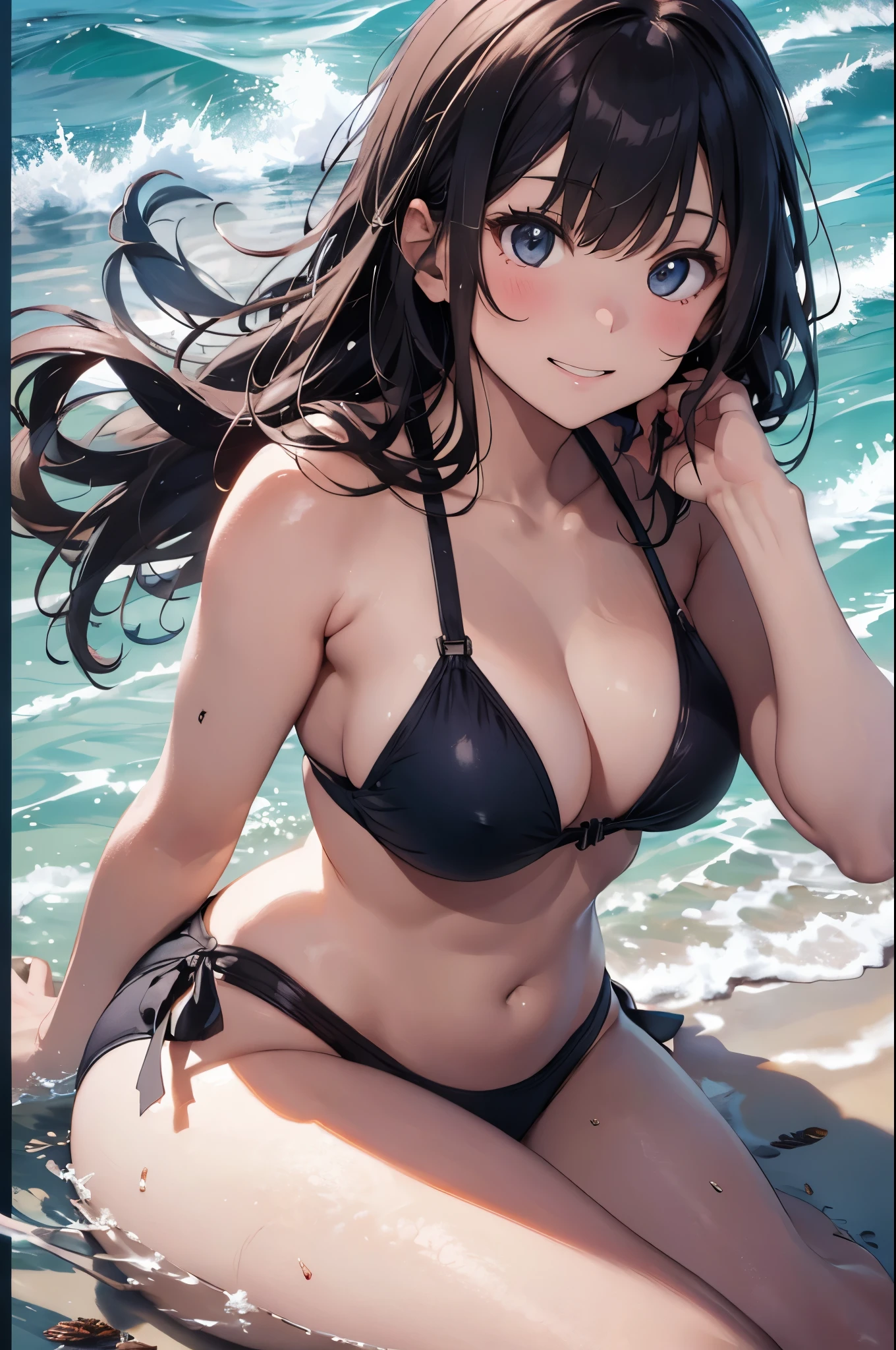 High resolution,
One beautiful young woman,
(Soft saturation:1.3), (Fair skin:1.2),
(ultra-Detailed Background, Detailed Background), Bokeh,
Blake Smiling Girl Portrait.,
When viewed from the front, The composition is symmetrical,
Looking straight at you with serious eyes,
Blake Swimwear, Colorful Bikinis, Medium chest,
Outdoor, Sea surface, null, sunlight,Summer beach, Sandy Beach,
Strong light, Front lighting,
(:1.3), (Cowboy Shot:1.2),
Frontal break angle,
View your viewers,
Dynamic pose,
sitting on the beach
seaweed、seaweed、seaweed、seaweed、seaweed、seaweed、seaweed、